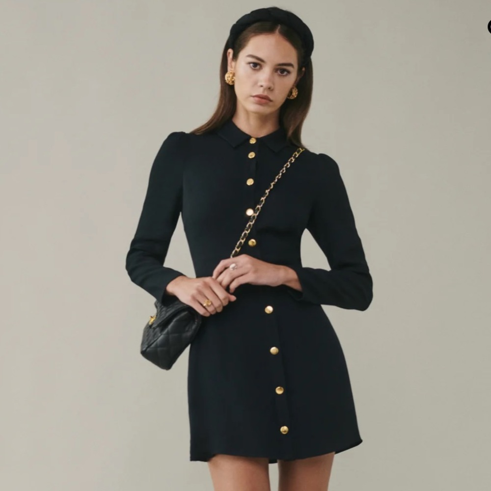 Reformation Black Mini Dress with Gold Buttons